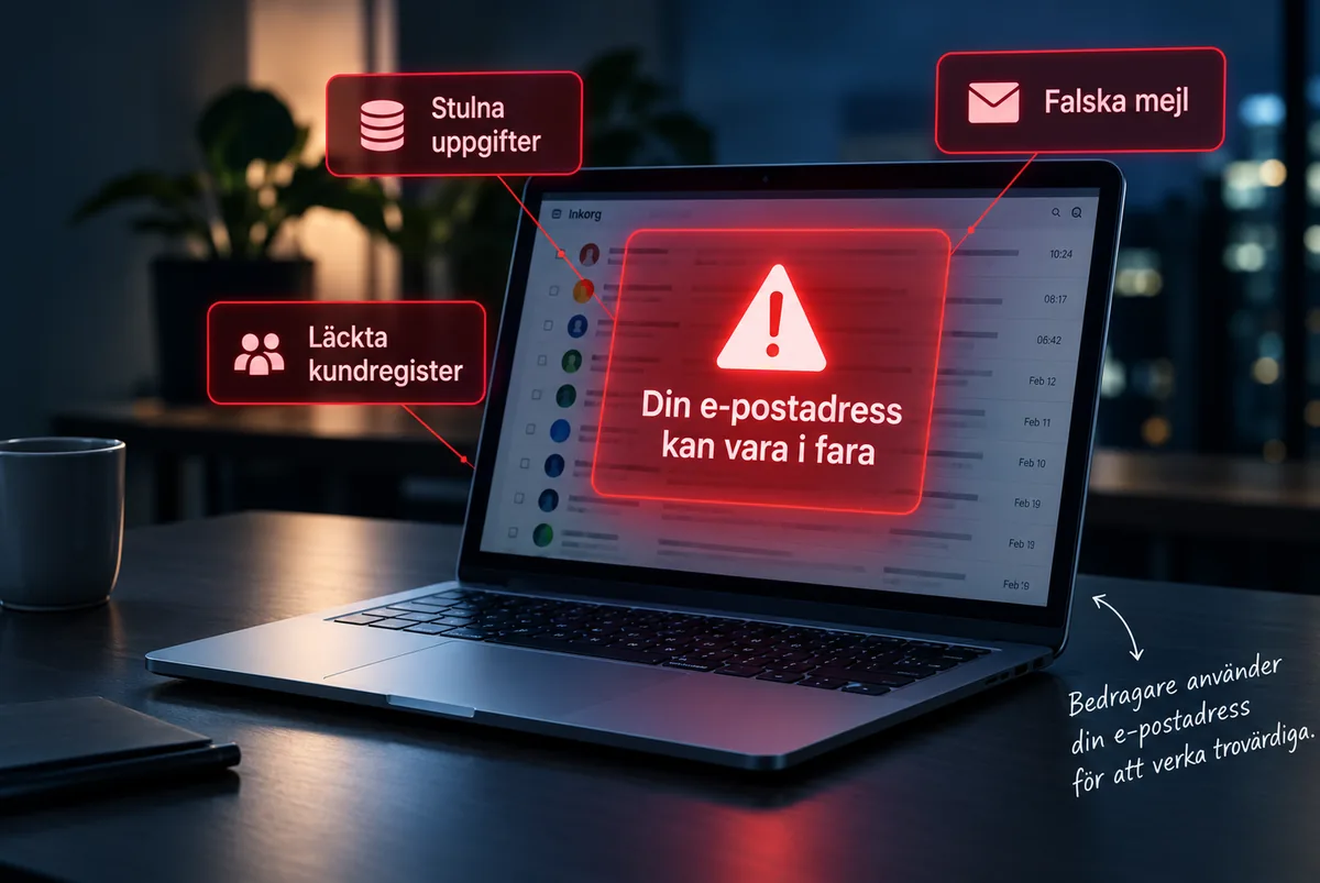 Laptop med varningen ”Din e-postadress kan vara i fara”, omgiven av ”Stulna uppgifter”, ”Falska mejl” och ”Läckta kundregister”. Bredvid står det handskrivet: ”Bedragare använder din e-postadress för att verka trovärdiga.”